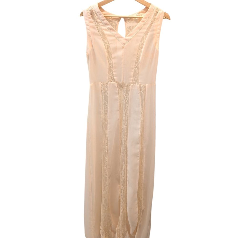 Lush Blush Nude Lace Inset Open Back Maxi Slip Dress Boho Romantic Cottagecore L